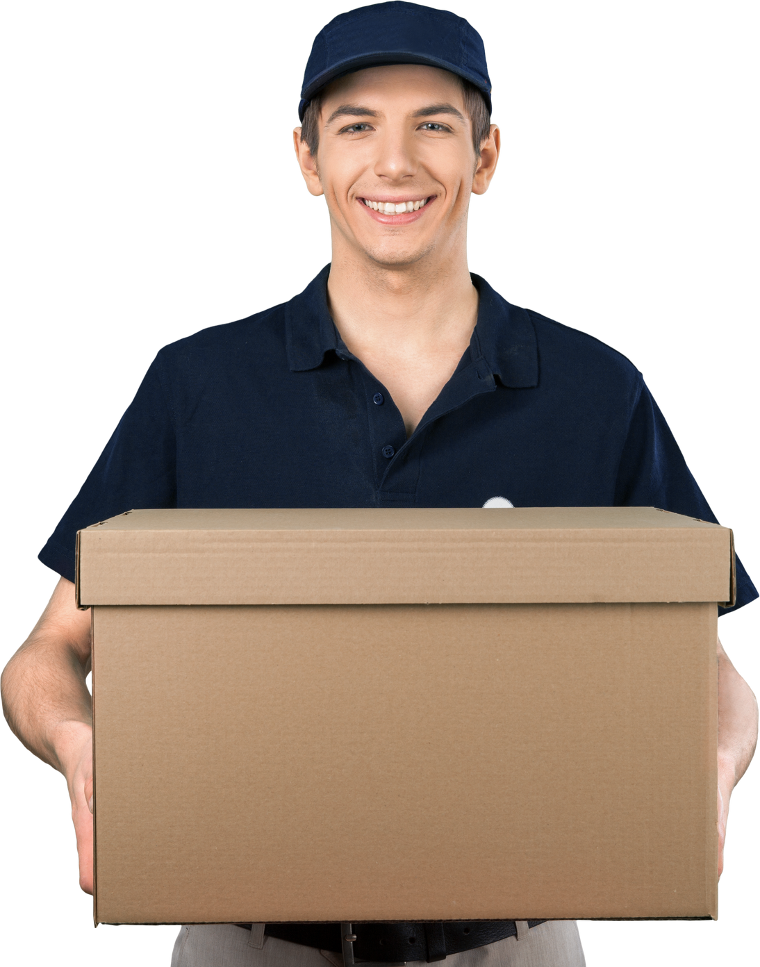 Smiling Deliveryman Holding a Cardboard Box